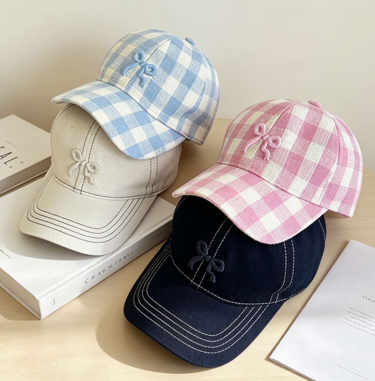Bow Embroidered Gingham Check Baseball Cap - Blue