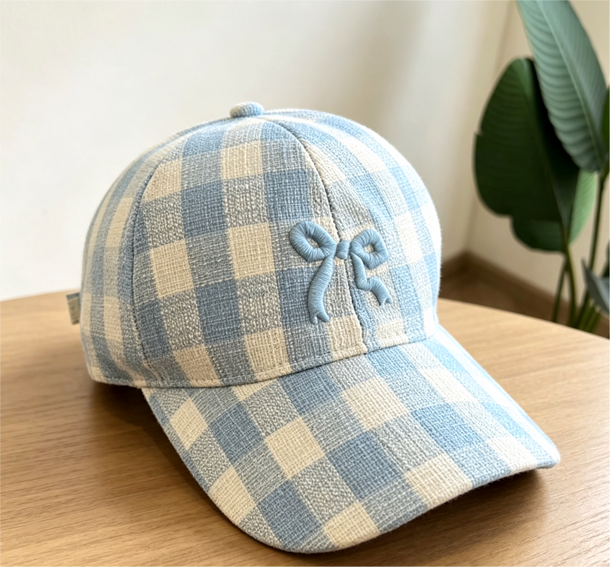 Bow Embroidered Gingham Check Baseball Cap - Blue - 1