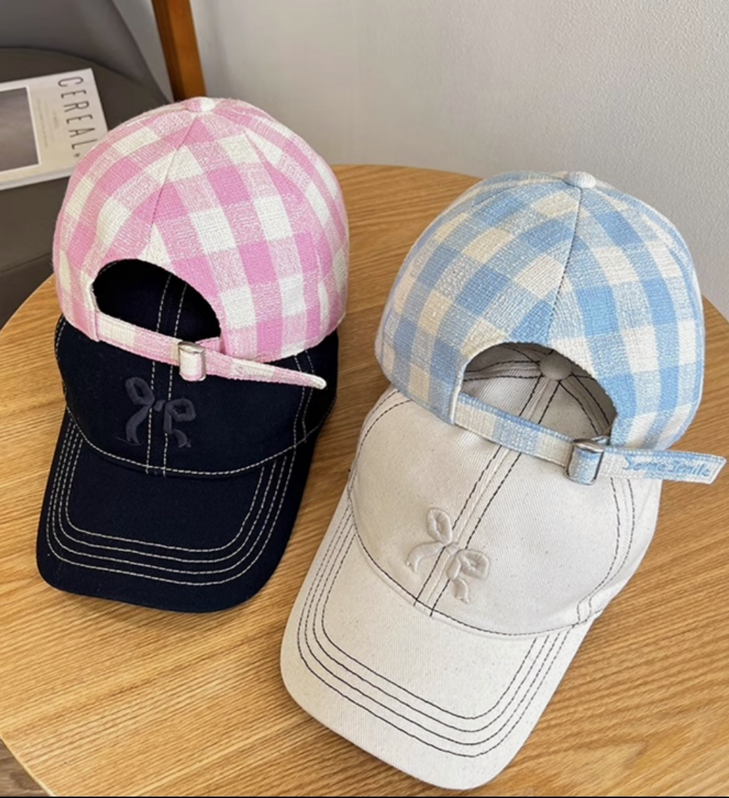 Bow Embroidered Gingham Check Baseball Cap - Blue - 2