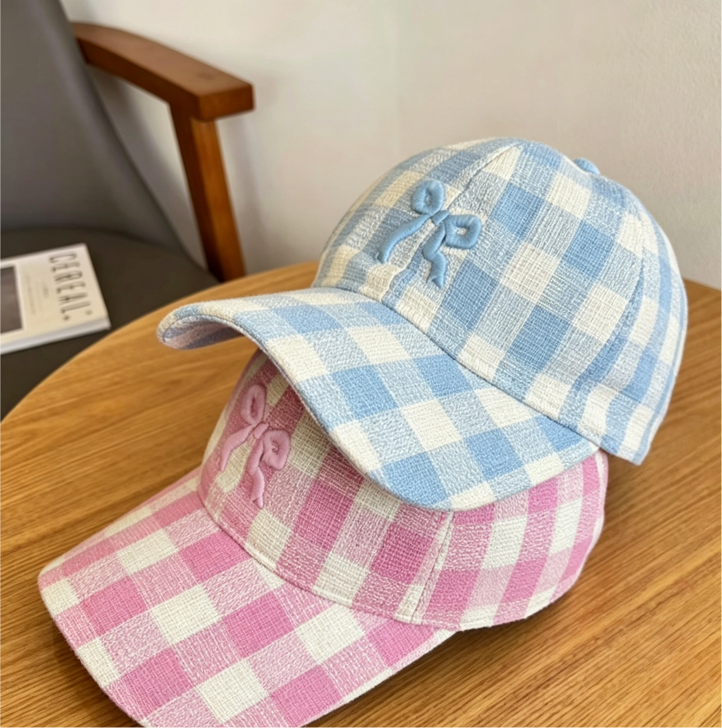 Bow Embroidered Gingham Check Baseball Cap - Blue - 3