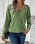 Scalloped Trim Quarter Zip Knit Sweater - Green