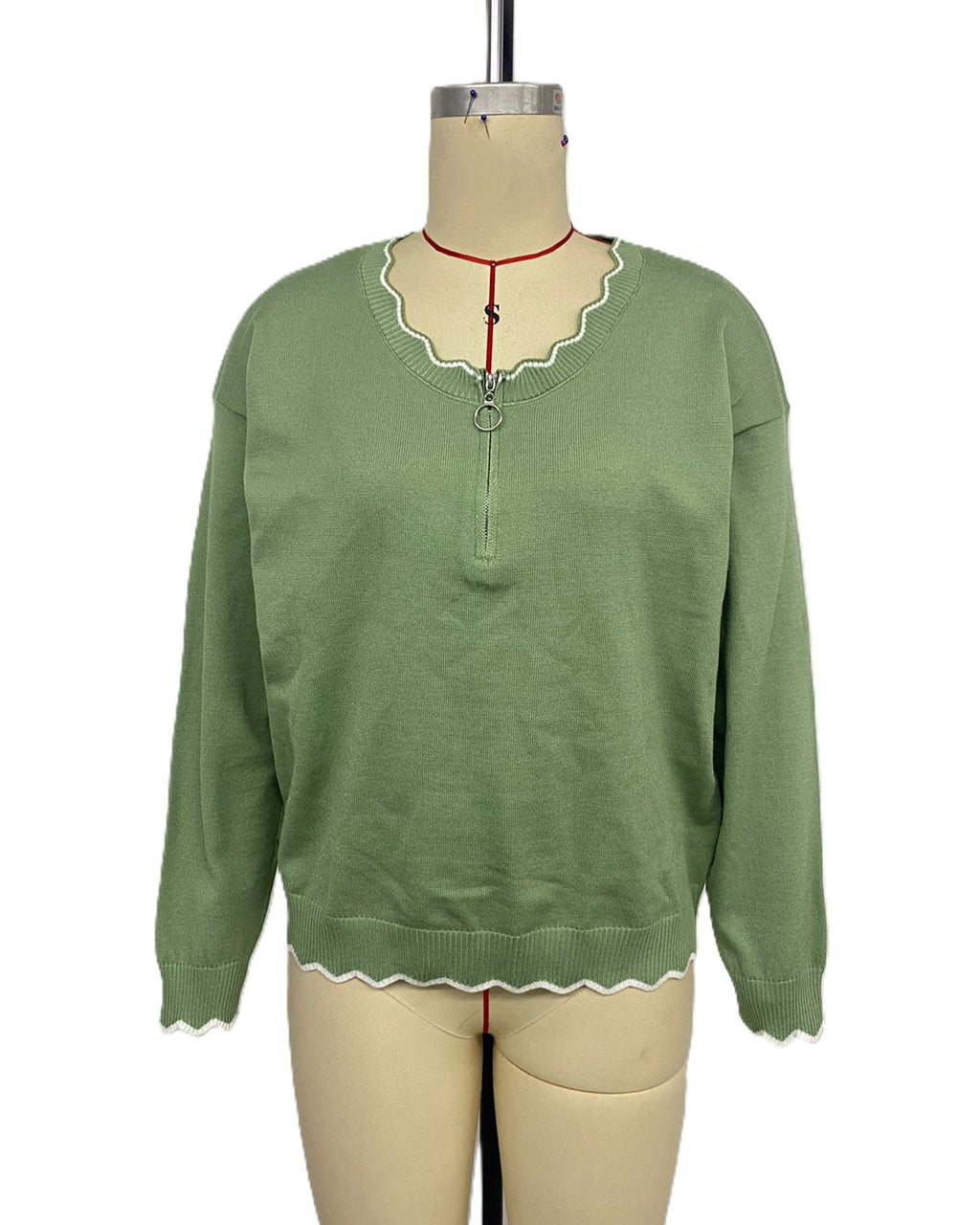 Scalloped Trim Quarter Zip Knit Sweater - Green - 1