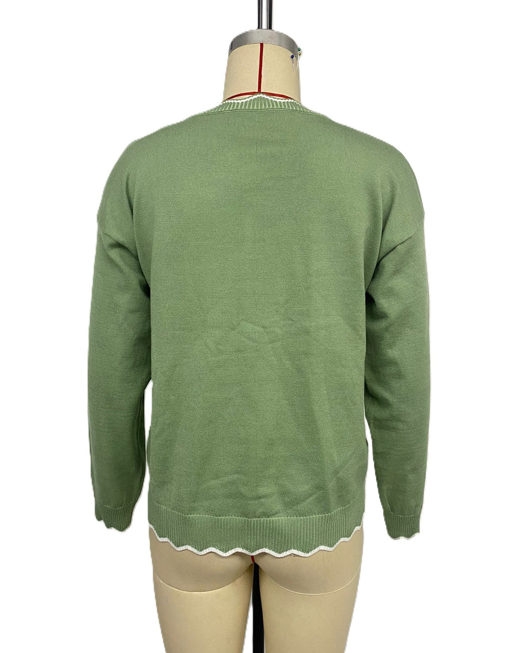 Scalloped Trim Quarter Zip Knit Sweater - Green - 2
