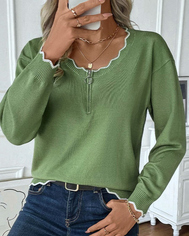 Scalloped Trim Quarter Zip Knit Sweater - Green - 3