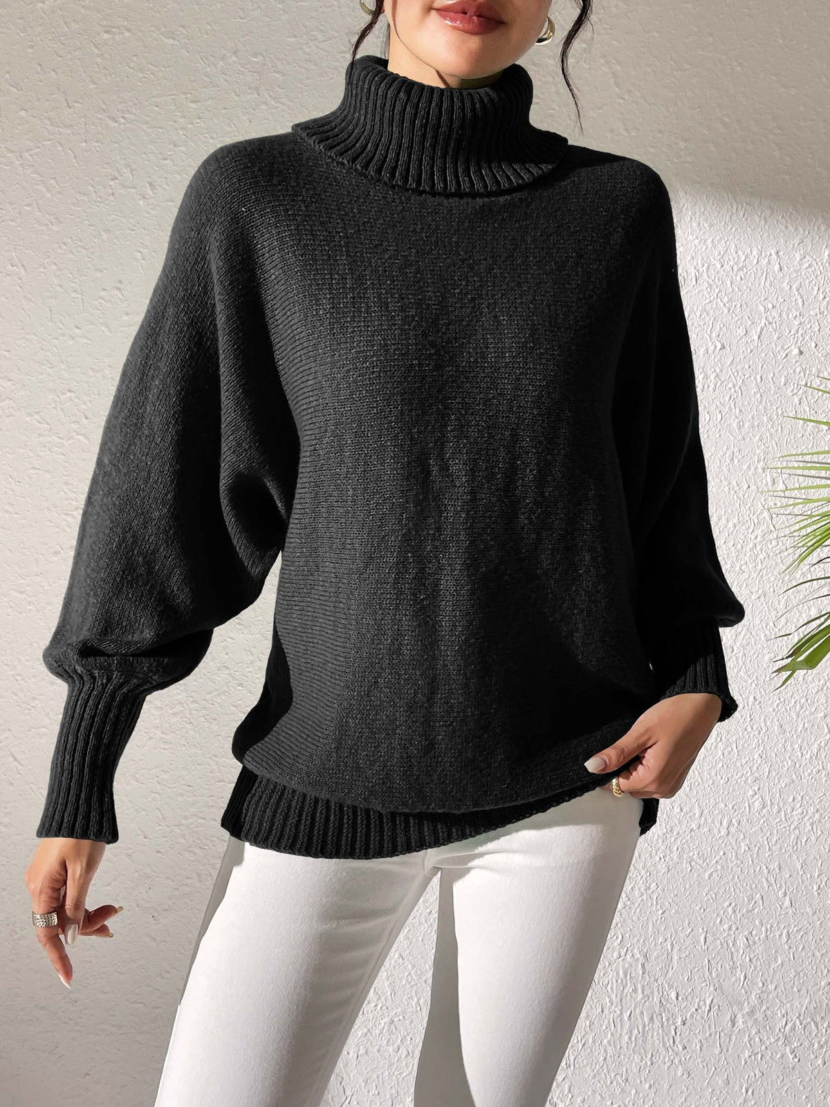 Slouchy Turtleneck Batwing Sleeve Pullover Sweater - Black