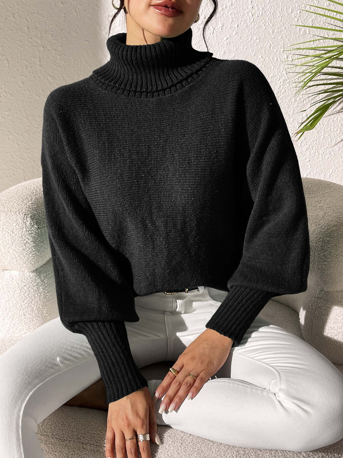 Slouchy Turtleneck Batwing Sleeve Pullover Sweater - Black - 1