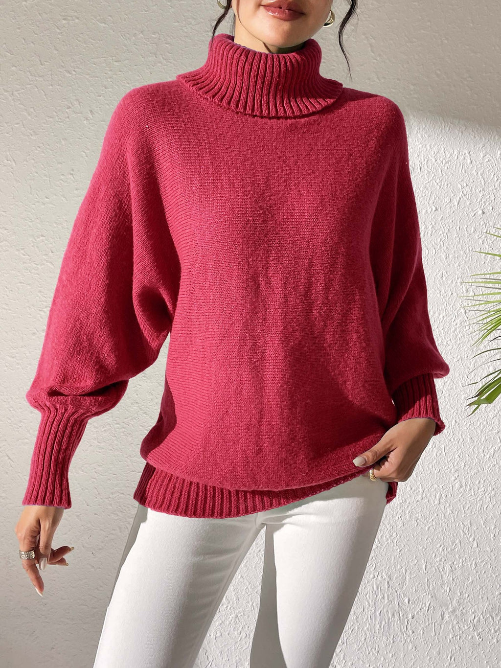 Slouchy Turtleneck Batwing Sleeve Pullover Sweater - Red