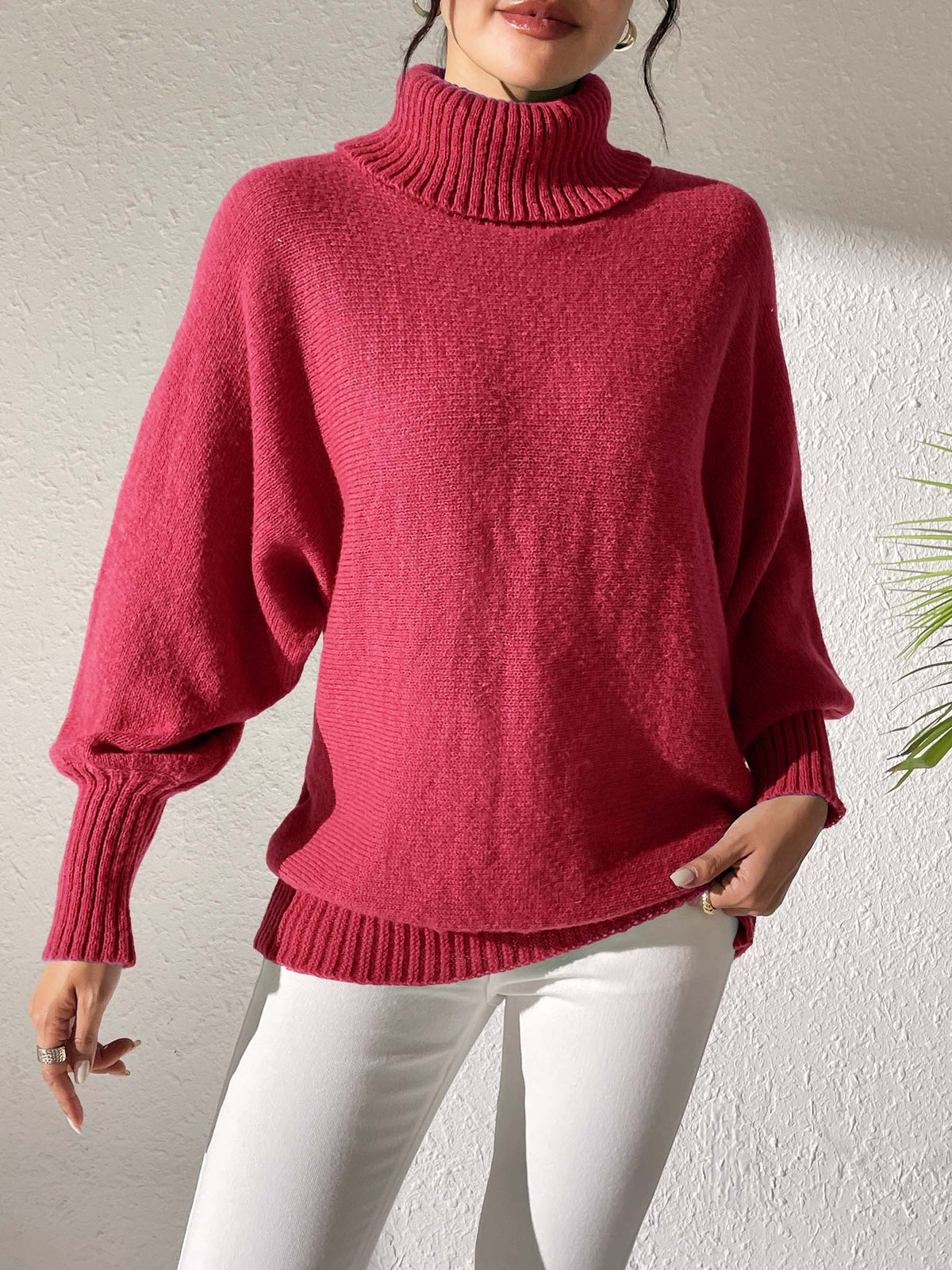 Slouchy Turtleneck Batwing Sleeve Pullover Sweater - Red