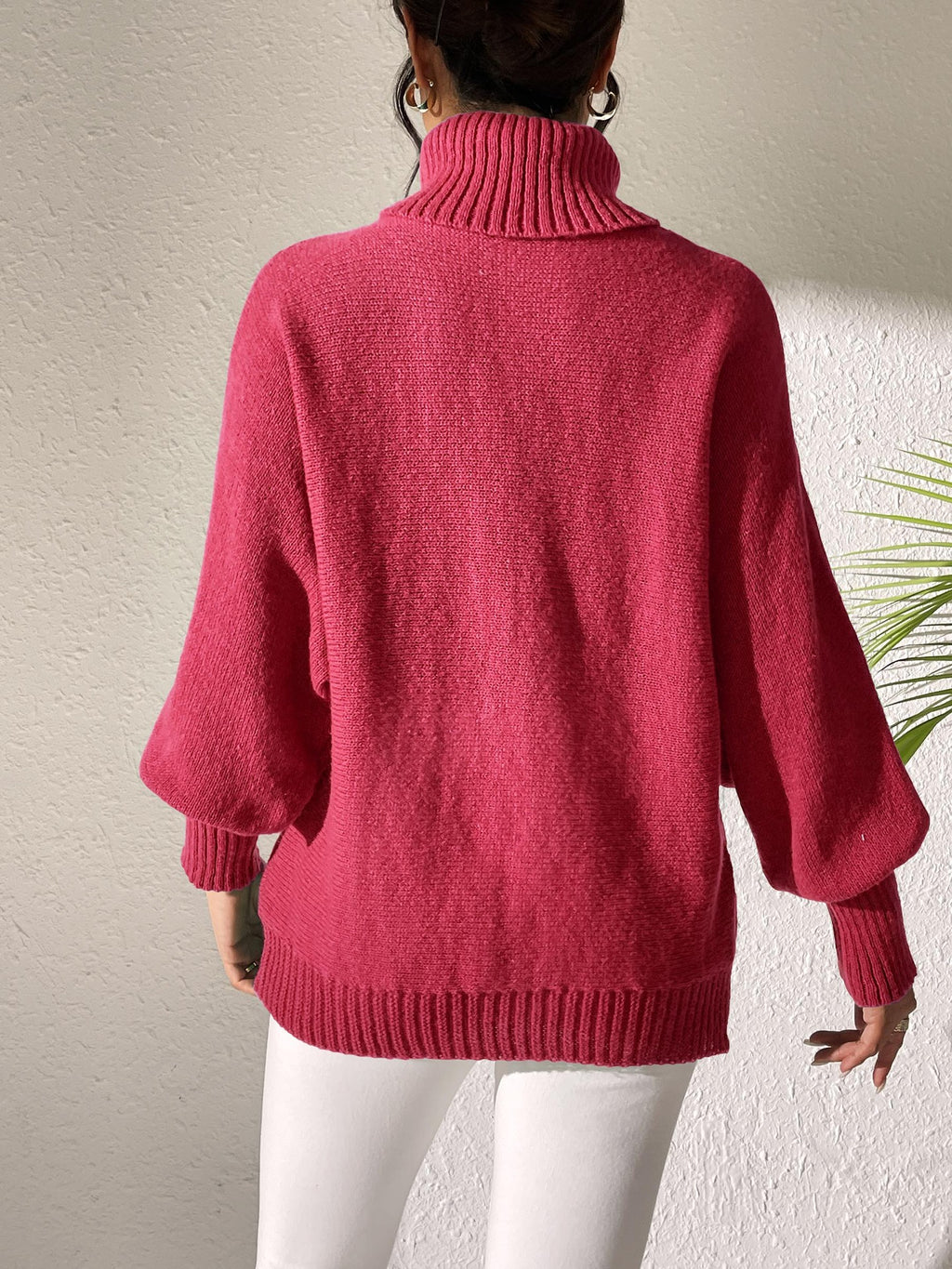 Slouchy Turtleneck Batwing Sleeve Pullover Sweater - Red - 1