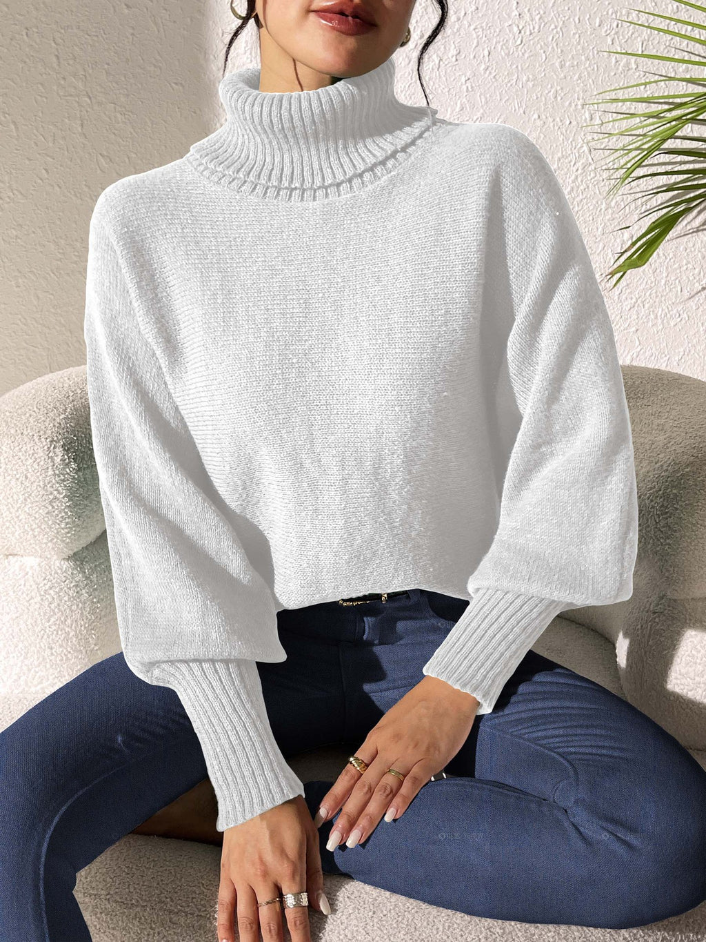 Slouchy Turtleneck Batwing Sleeve Pullover Sweater - White