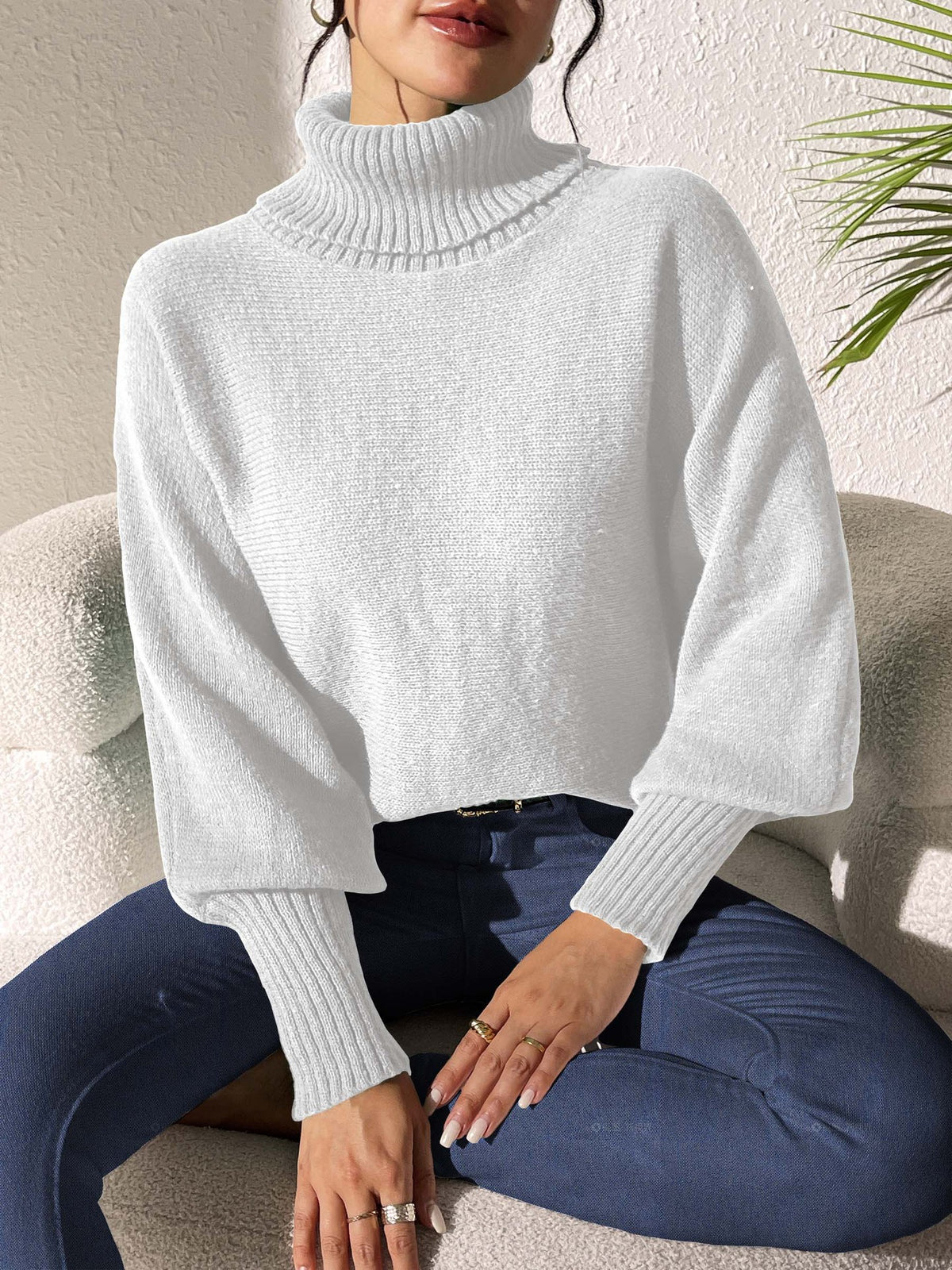 Slouchy Turtleneck Batwing Sleeve Pullover Sweater - White