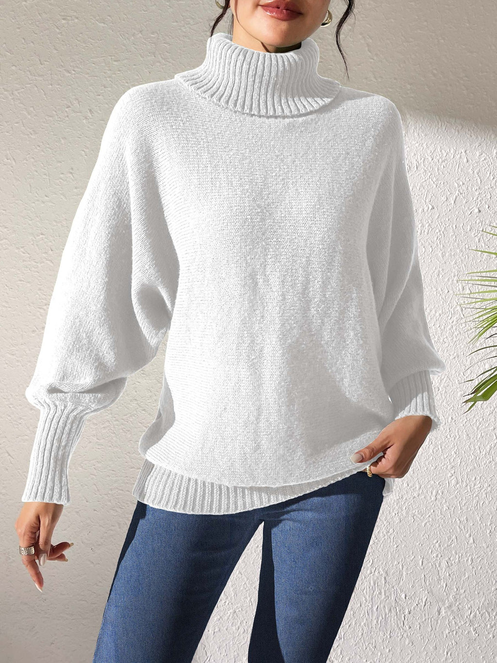 Slouchy Turtleneck Batwing Sleeve Pullover Sweater - White - 1