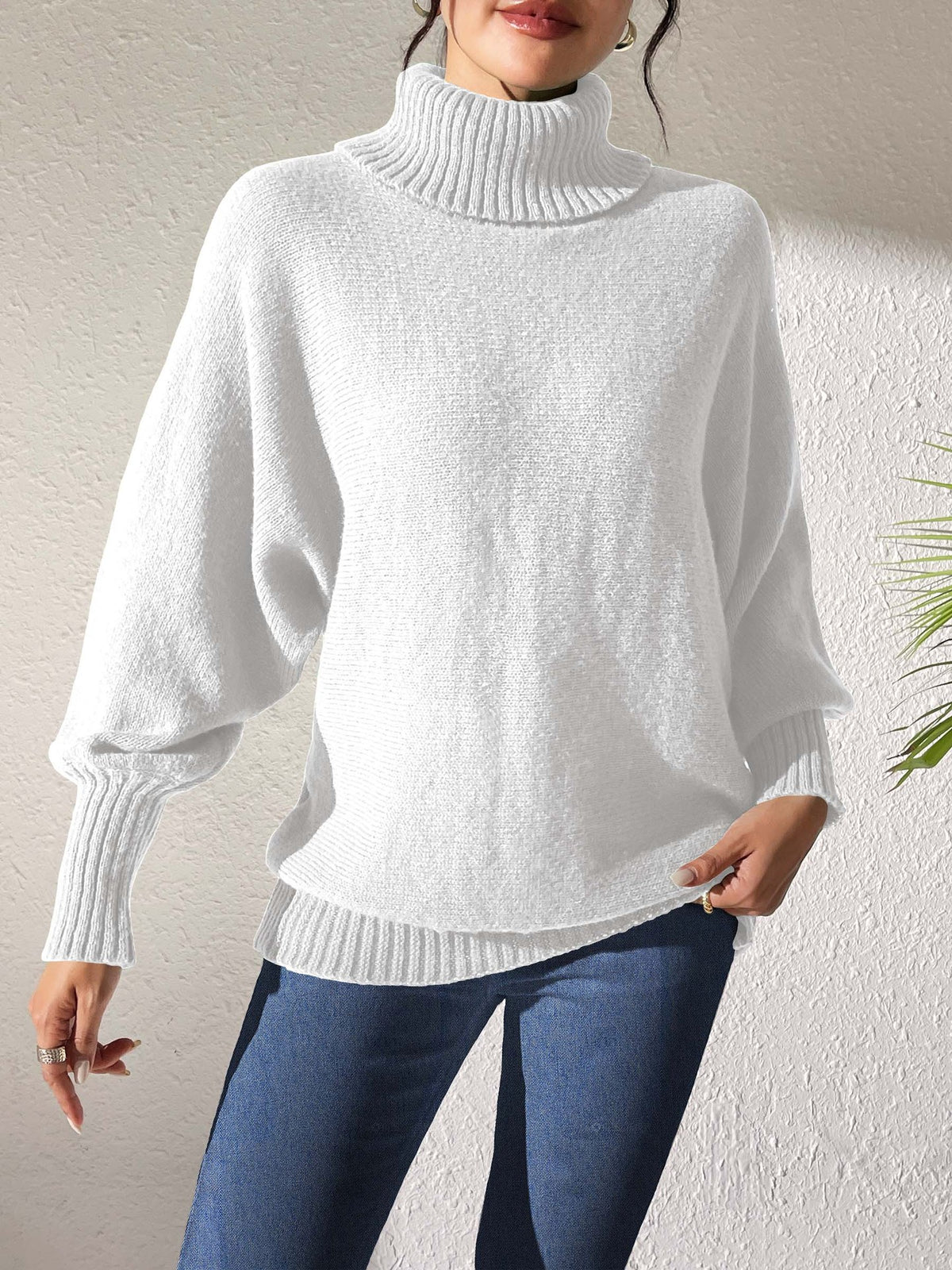 Slouchy Turtleneck Batwing Sleeve Pullover Sweater - White - 1
