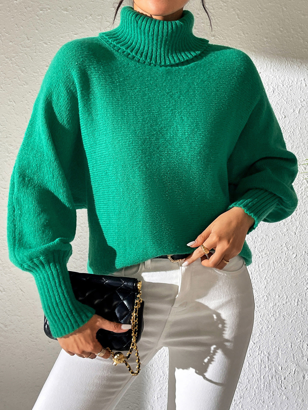Slouchy Turtleneck Batwing Sleeve Pullover Sweater - view 1