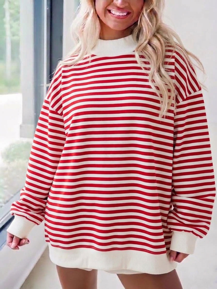 Red Breton Stripe Oversized Drop Shoulder Sweatshirt - Red