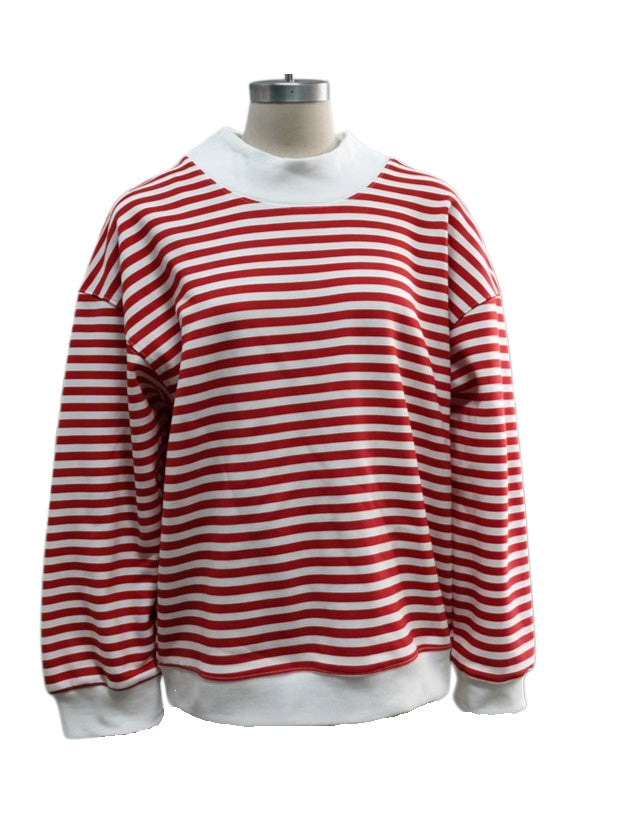 Red Breton Stripe Oversized Drop Shoulder Sweatshirt - Red - 1