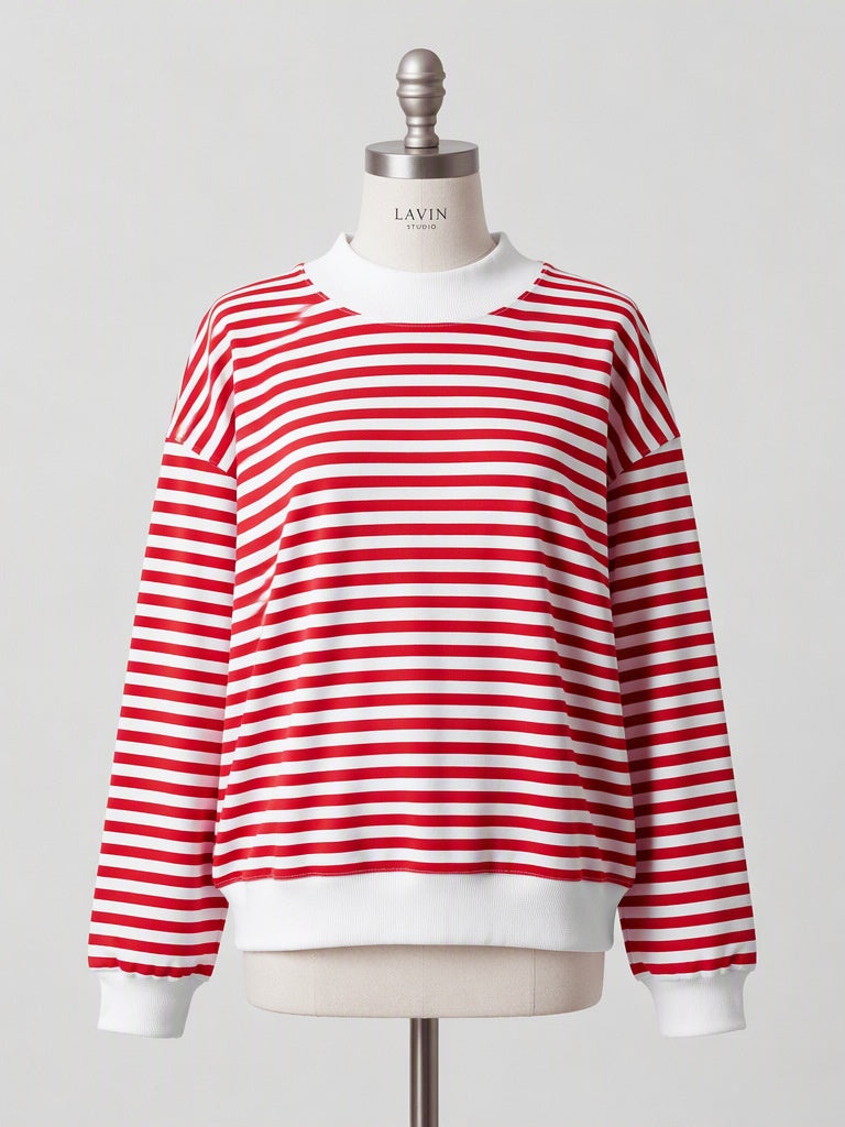 Red Breton Stripe Oversized Drop Shoulder Sweatshirt - Red - 2
