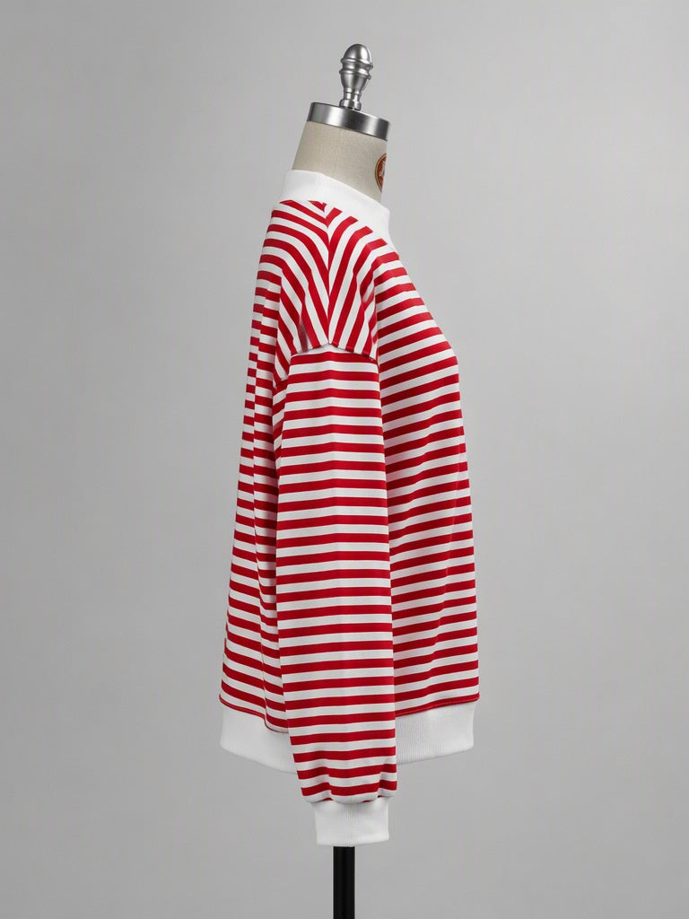 Red Breton Stripe Oversized Drop Shoulder Sweatshirt - Red - 3