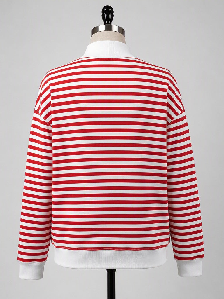 Red Breton Stripe Oversized Drop Shoulder Sweatshirt - Red - 4