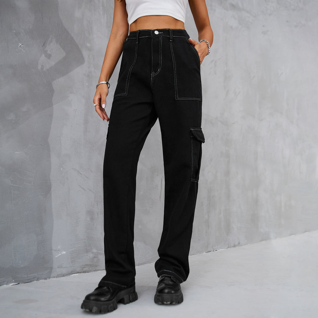Contrast Stitch Cargo Straight Leg Jeans - Black - 1