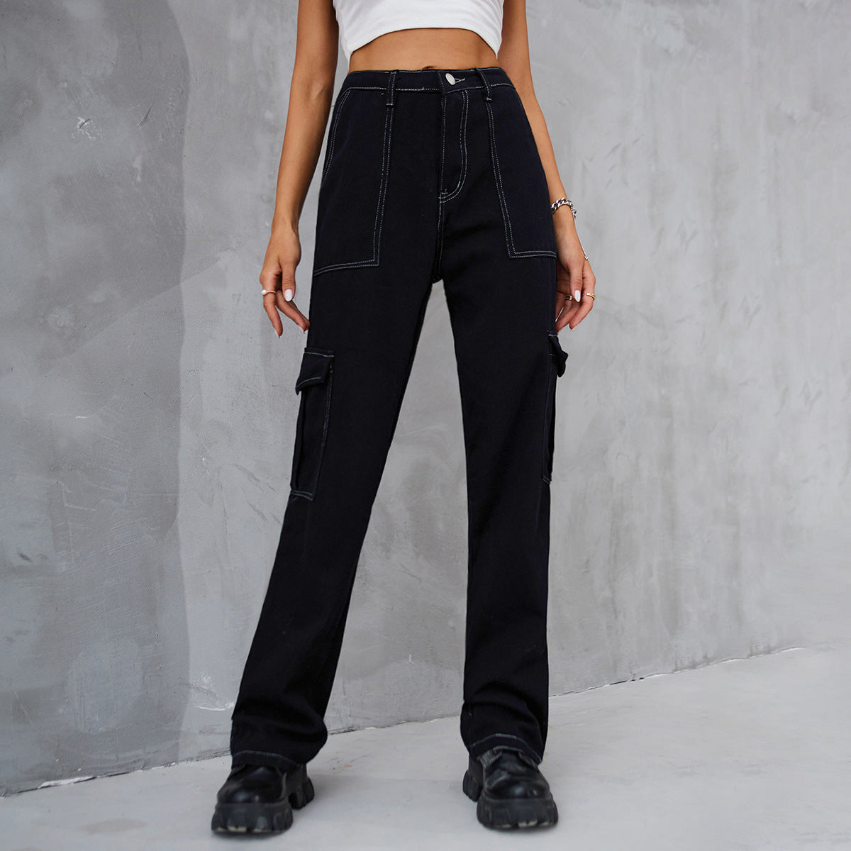 Contrast Stitch Cargo Straight Leg Jeans - Black - 2