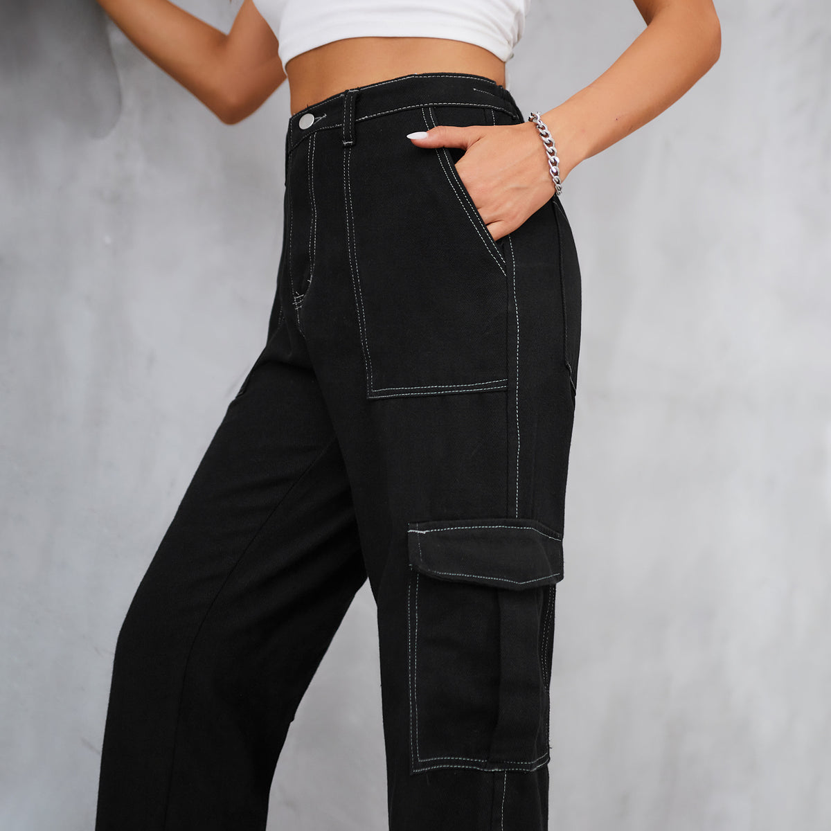 Contrast Stitch Cargo Straight Leg Jeans - Black - 3