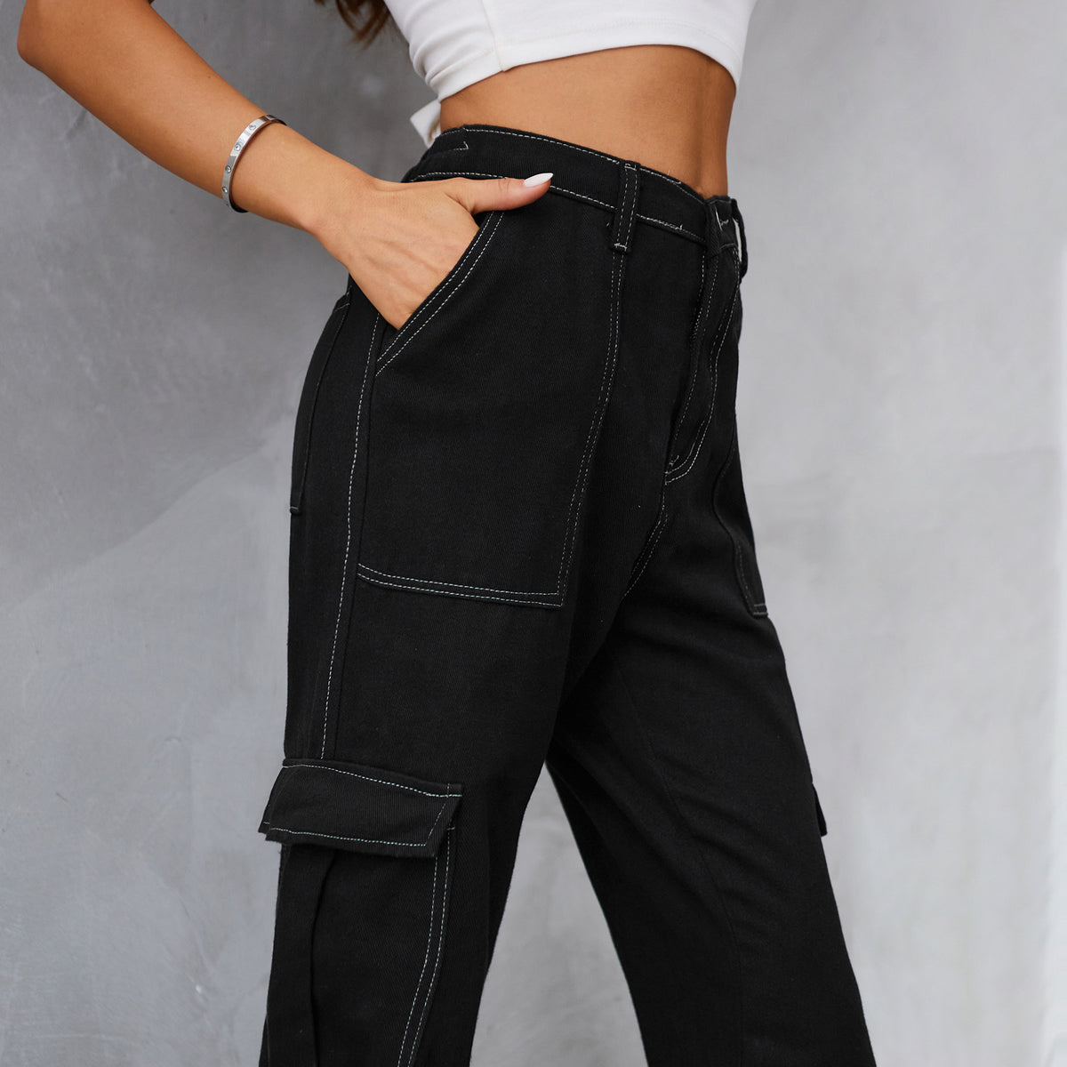 Contrast Stitch Cargo Straight Leg Jeans - Black - 4