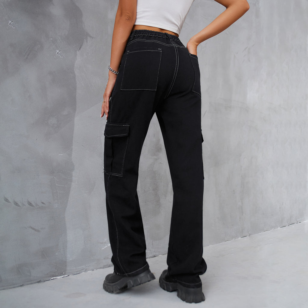 Contrast Stitch Cargo Straight Leg Jeans - Black - 5