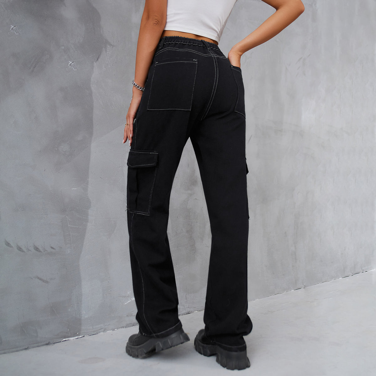 Contrast Stitch Cargo Straight Leg Jeans - Black - 5