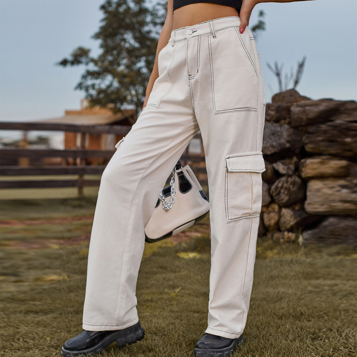 Contrast Stitch Cargo Straight Leg Jeans - White