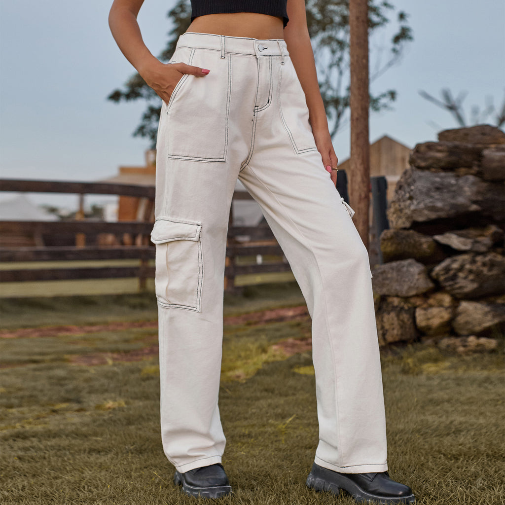 Contrast Stitch Cargo Straight Leg Jeans - White - 1