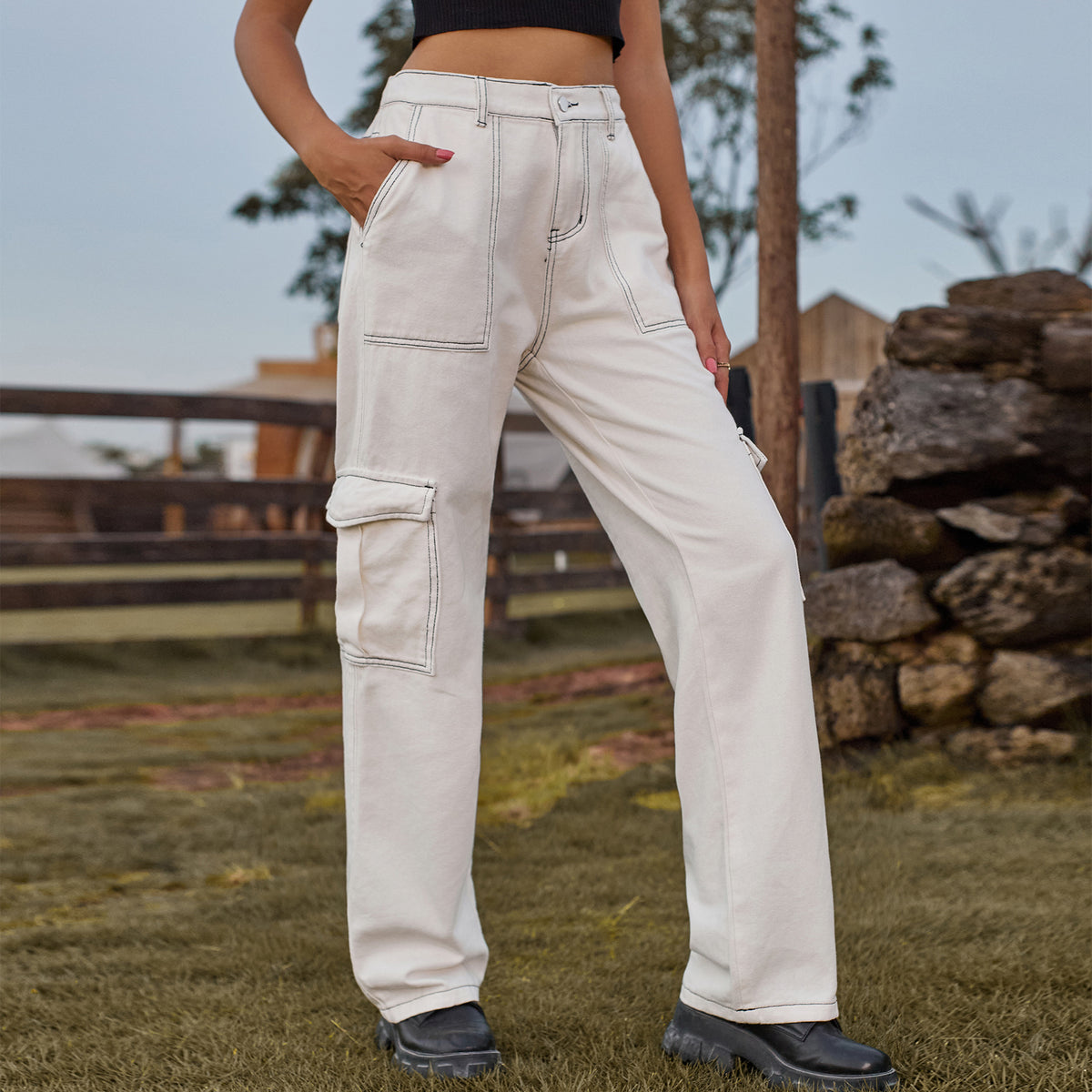 Contrast Stitch Cargo Straight Leg Jeans - White - 1