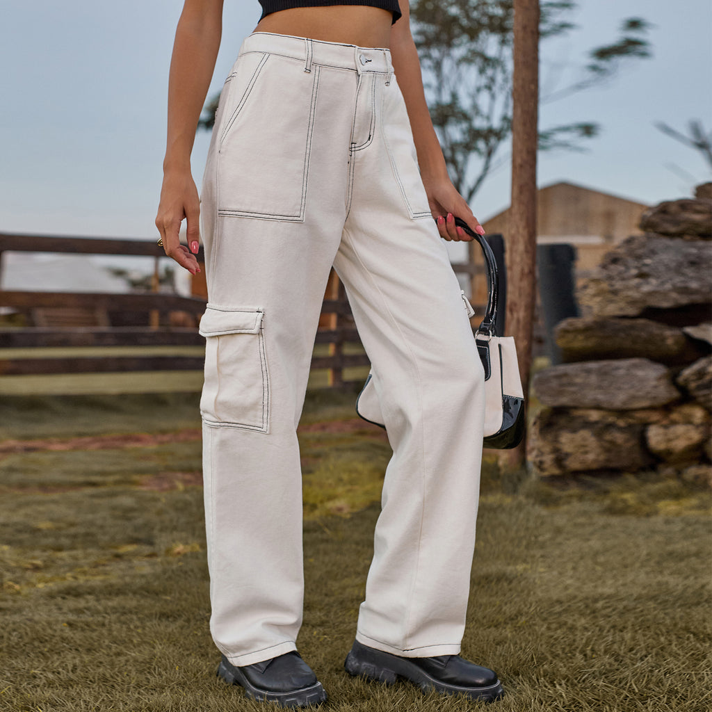 Contrast Stitch Cargo Straight Leg Jeans - White - 3