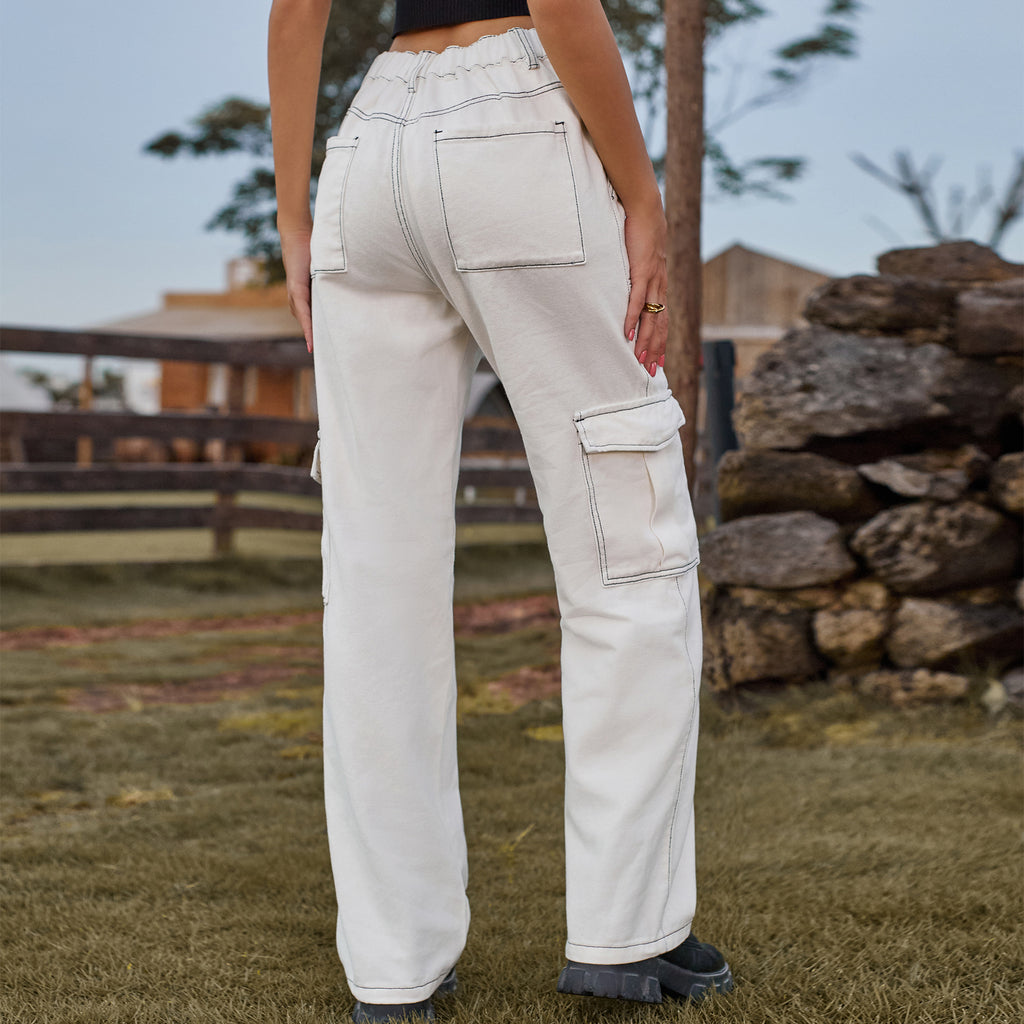 Contrast Stitch Cargo Straight Leg Jeans - White - 5