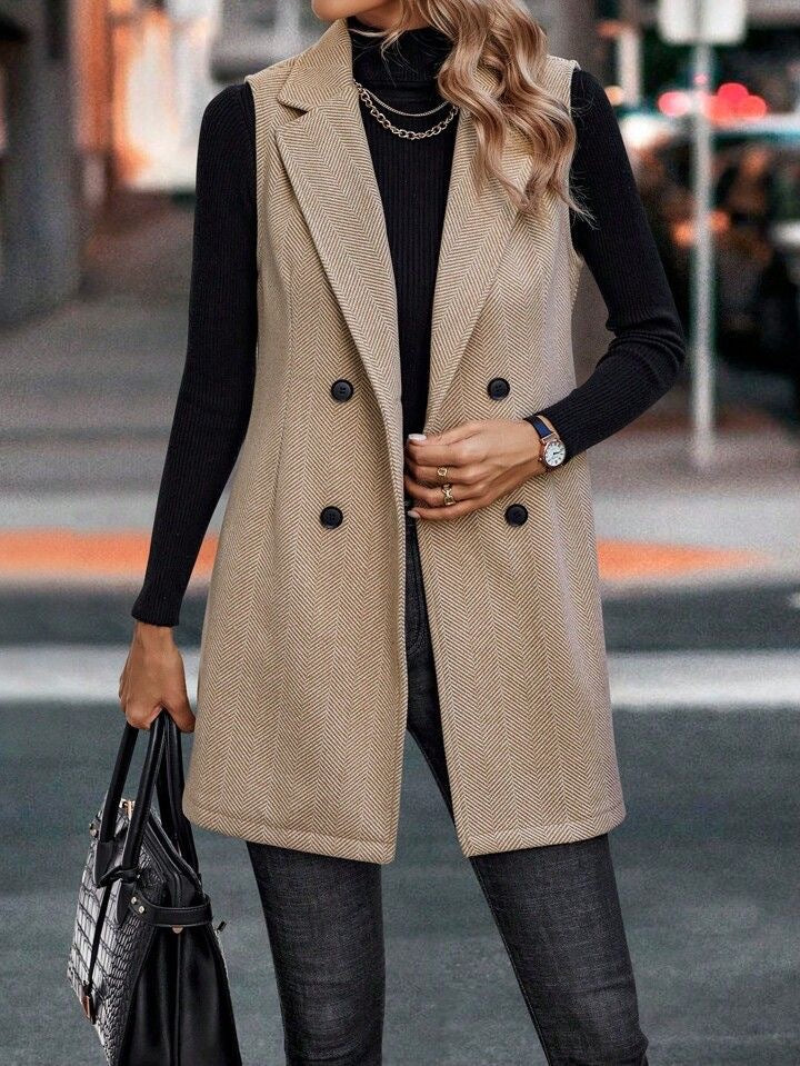 Longline Lapel Sleeveless Blazer Vest - Apricot - 1