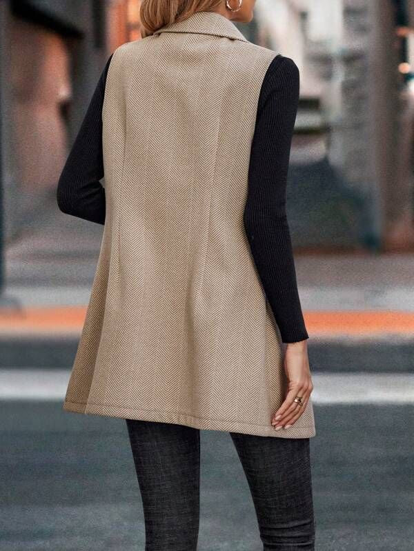 Longline Lapel Sleeveless Blazer Vest - Apricot - 2
