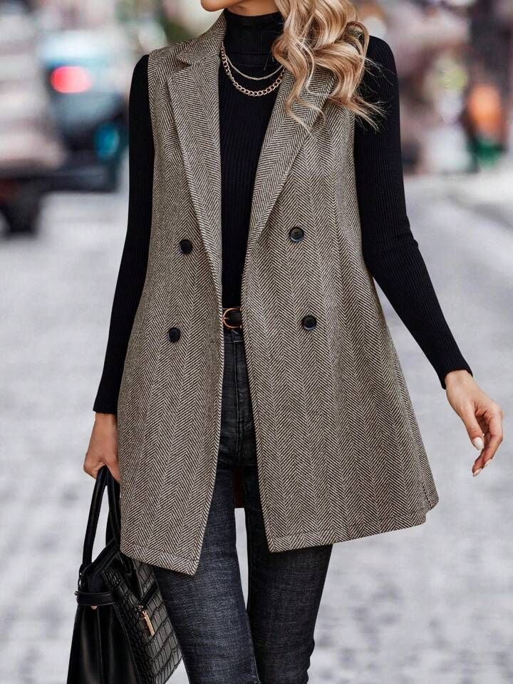 Longline Lapel Sleeveless Blazer Vest - Camel