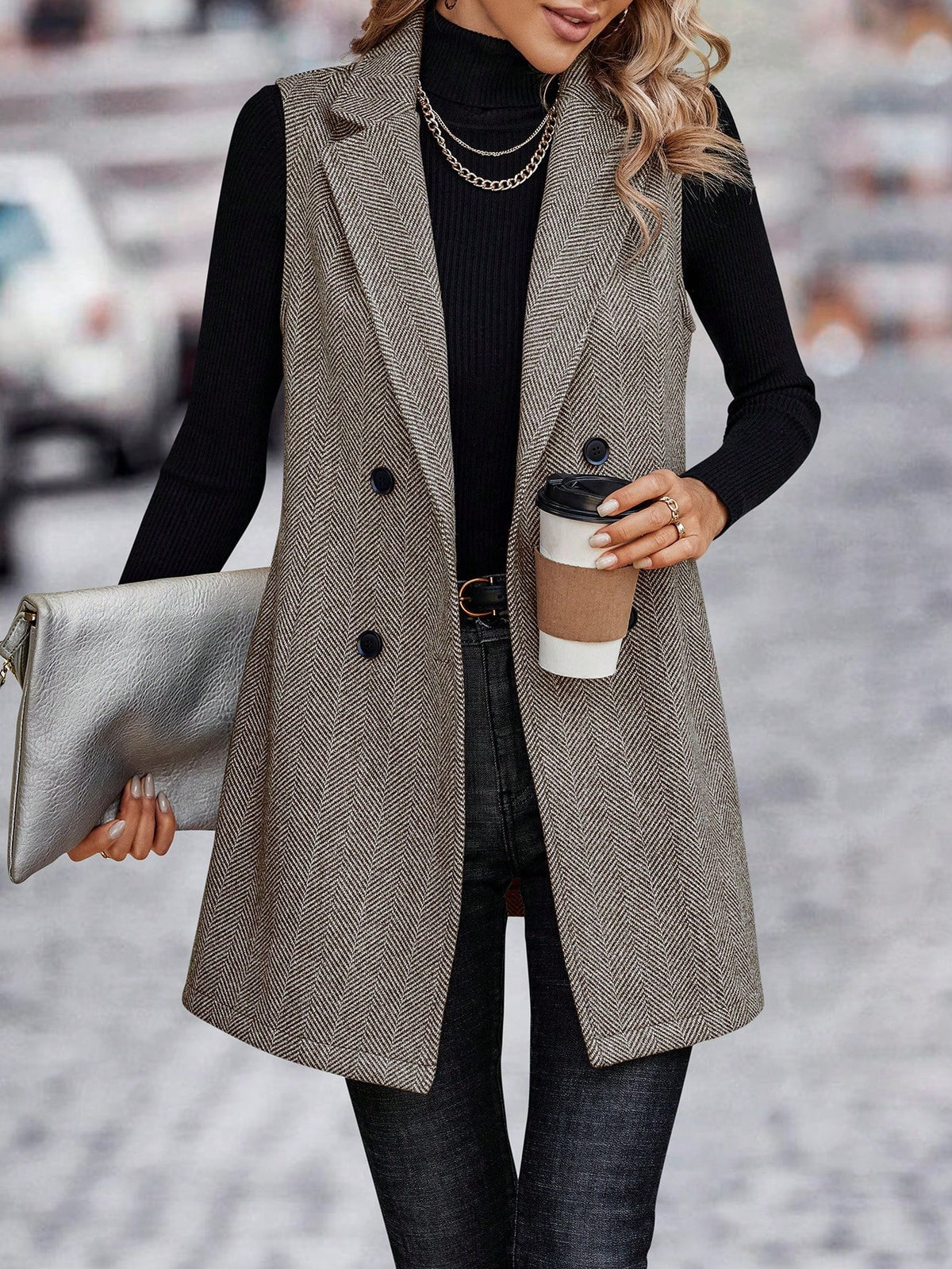 Longline Lapel Sleeveless Blazer Vest - Camel - 1