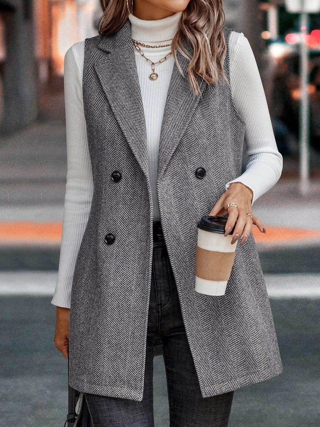 Longline Lapel Sleeveless Blazer Vest - Grey