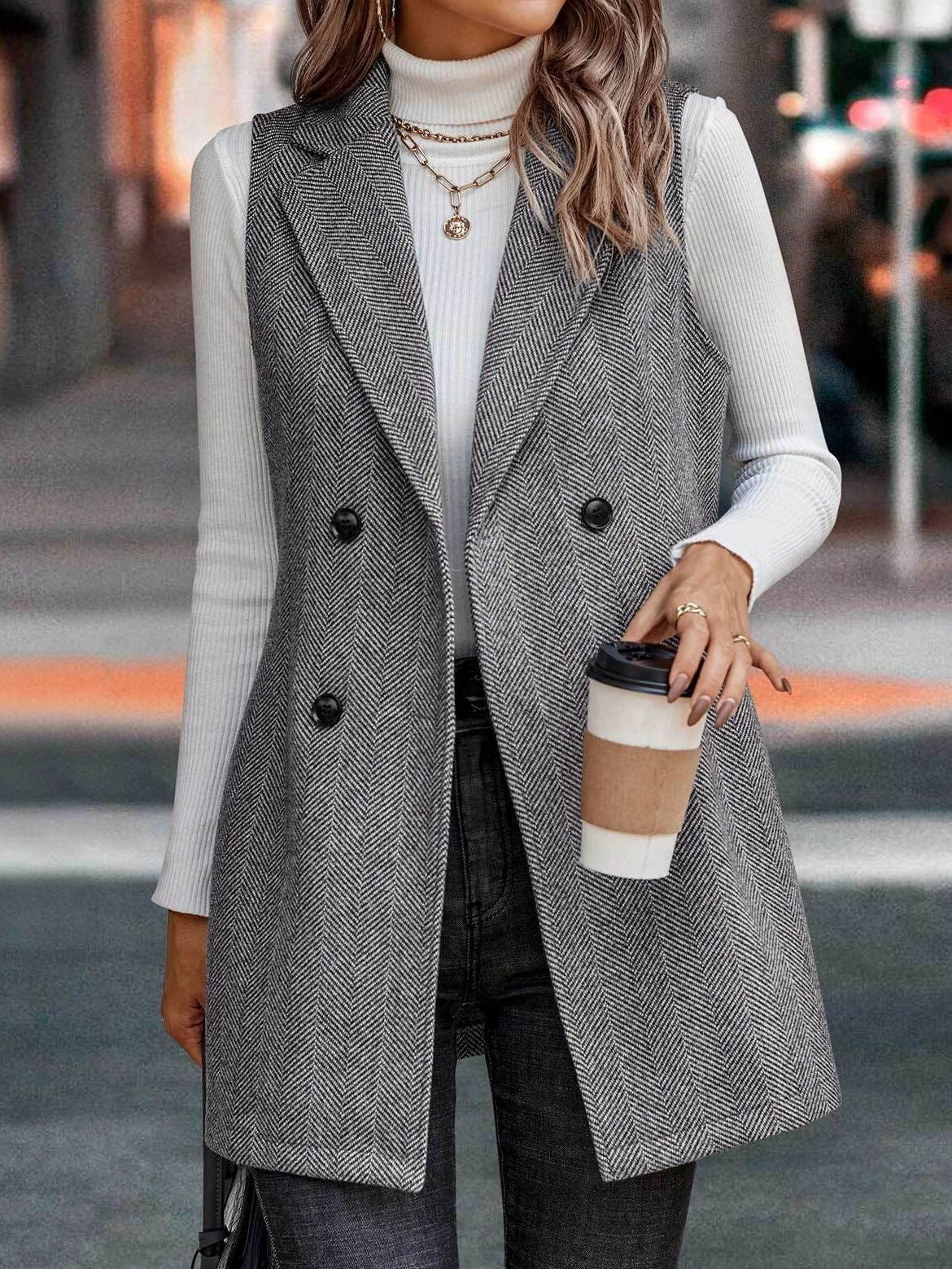 Longline Lapel Sleeveless Blazer Vest - Grey