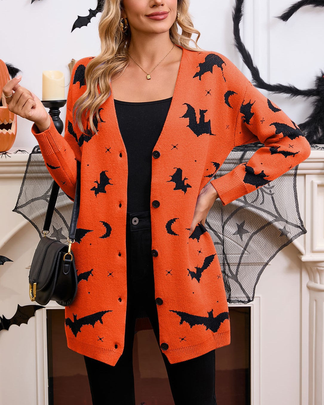 Bat and Moon Jacquard Halloween Cardigan - Orange - 3