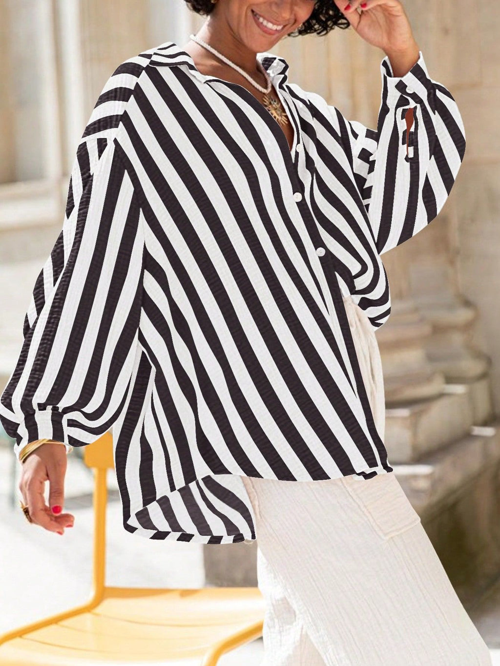 Oversized Striped Shirt With Balloon Sleeves - Black