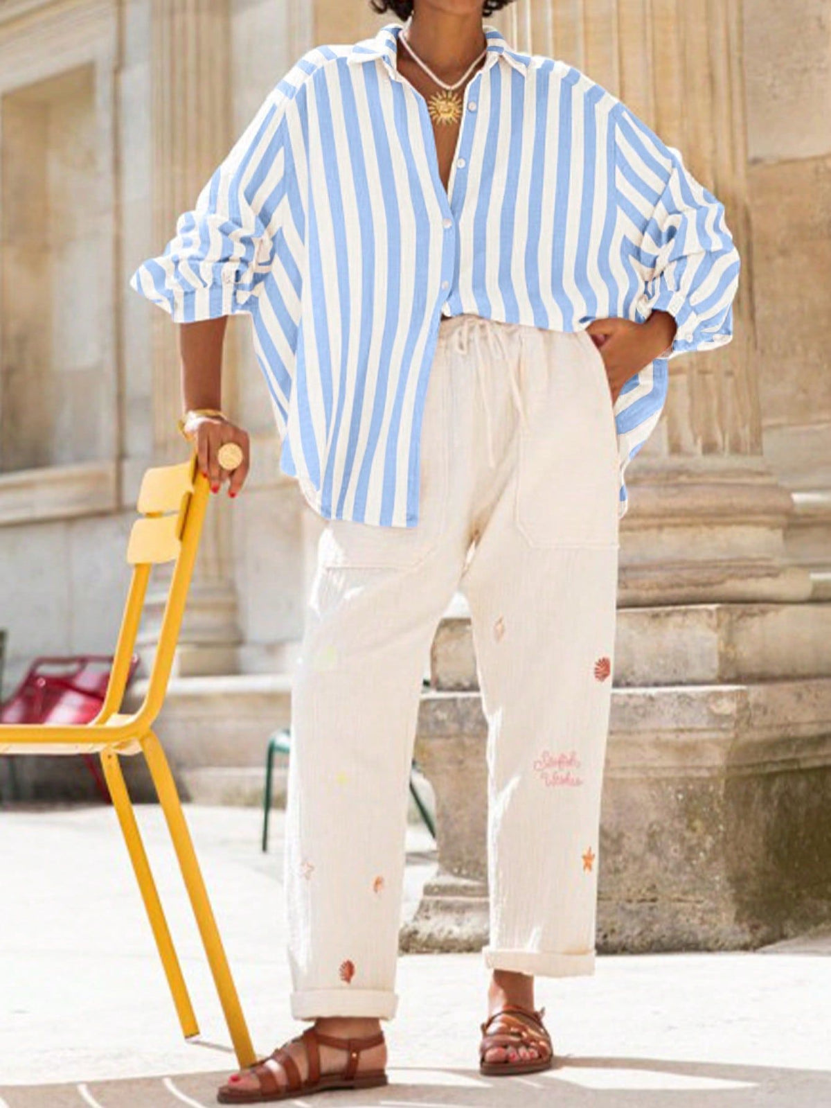 Oversized Striped Shirt With Balloon Sleeves - LighBlue