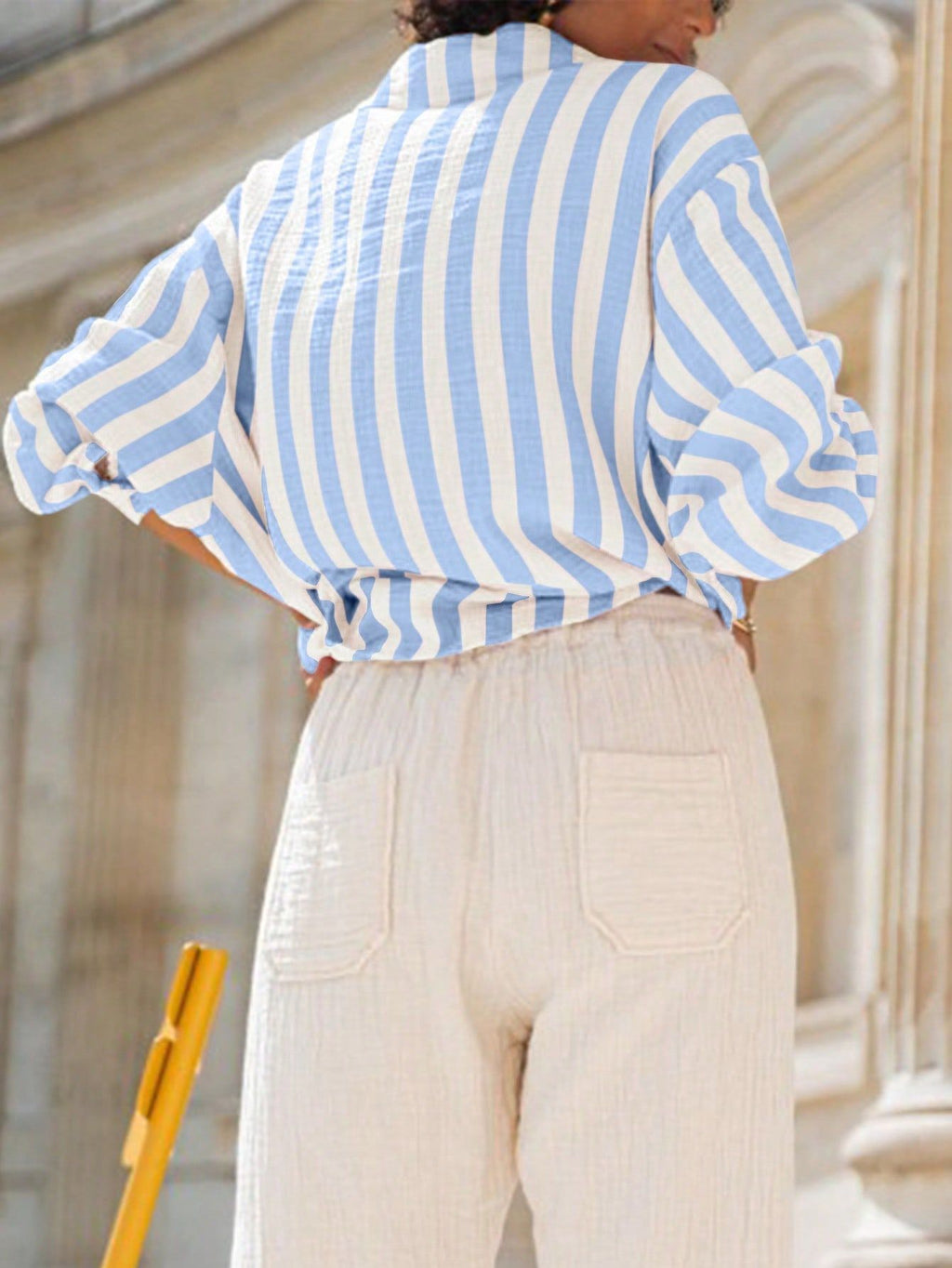 Oversized Striped Shirt With Balloon Sleeves - LighBlue - 2
