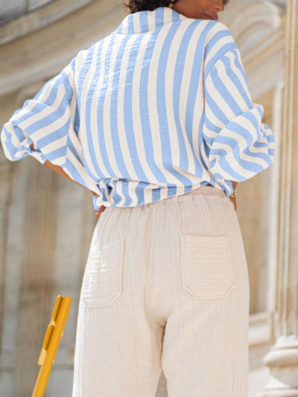 Oversized Striped Shirt With Balloon Sleeves - LighBlue - 2