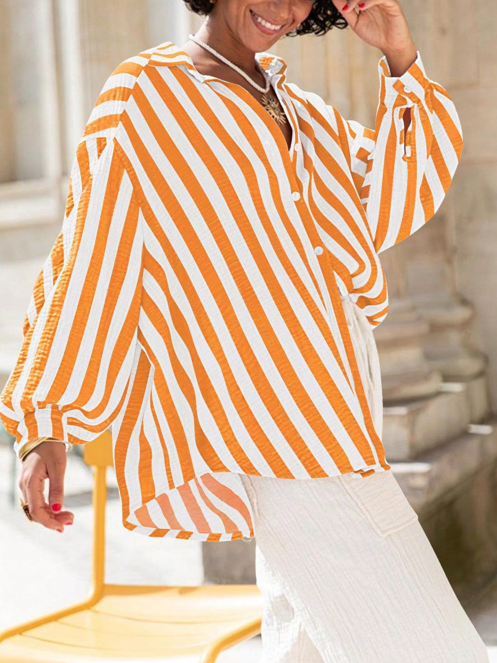 Oversized Striped Shirt With Balloon Sleeves - Orange