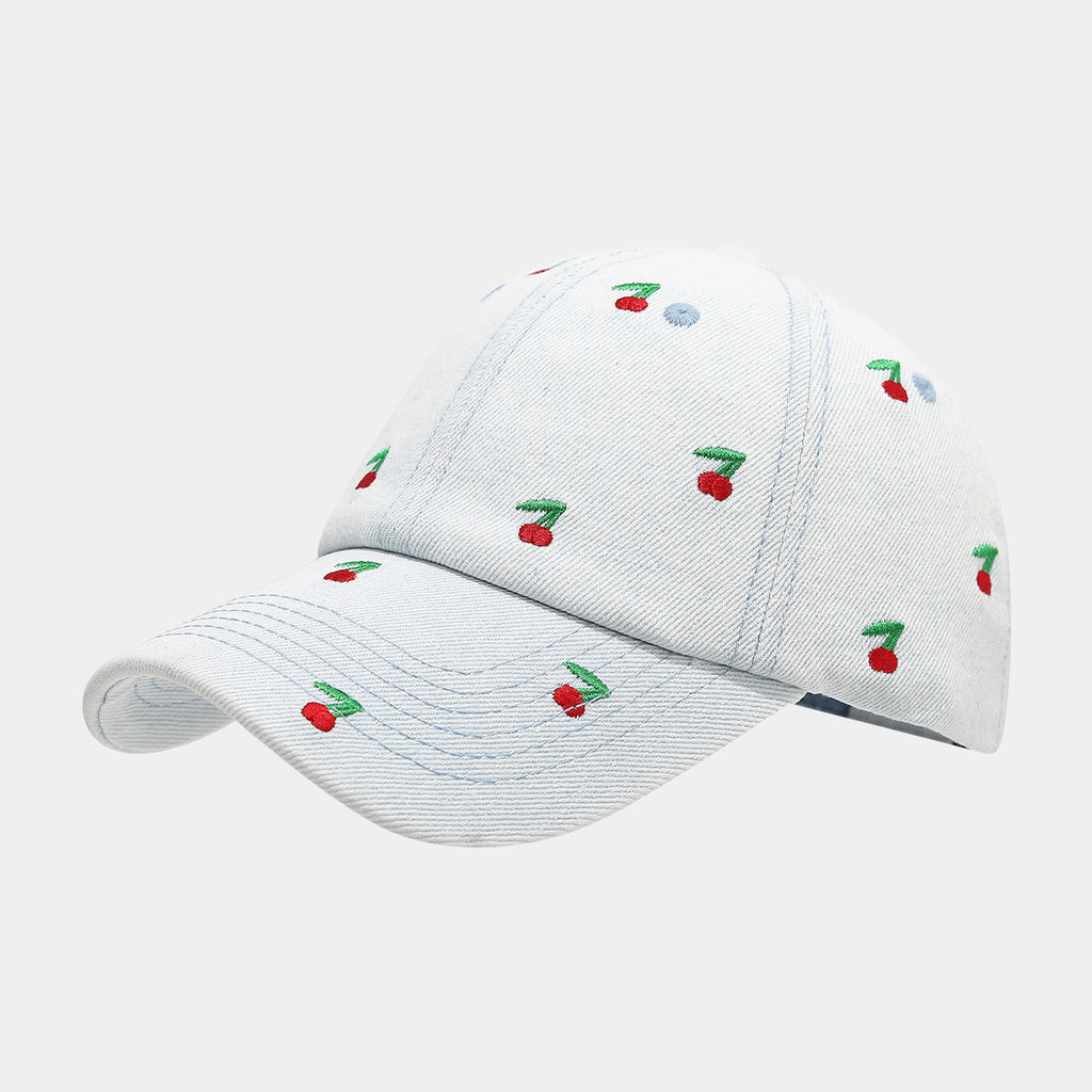 Washed Denim Cap with Cherry Embroidery - LightBue