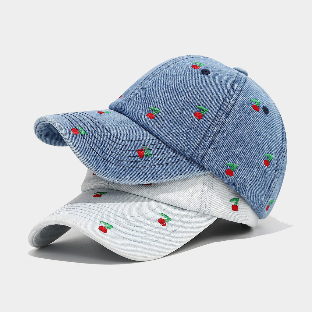 Washed Denim Cap with Cherry Embroidery