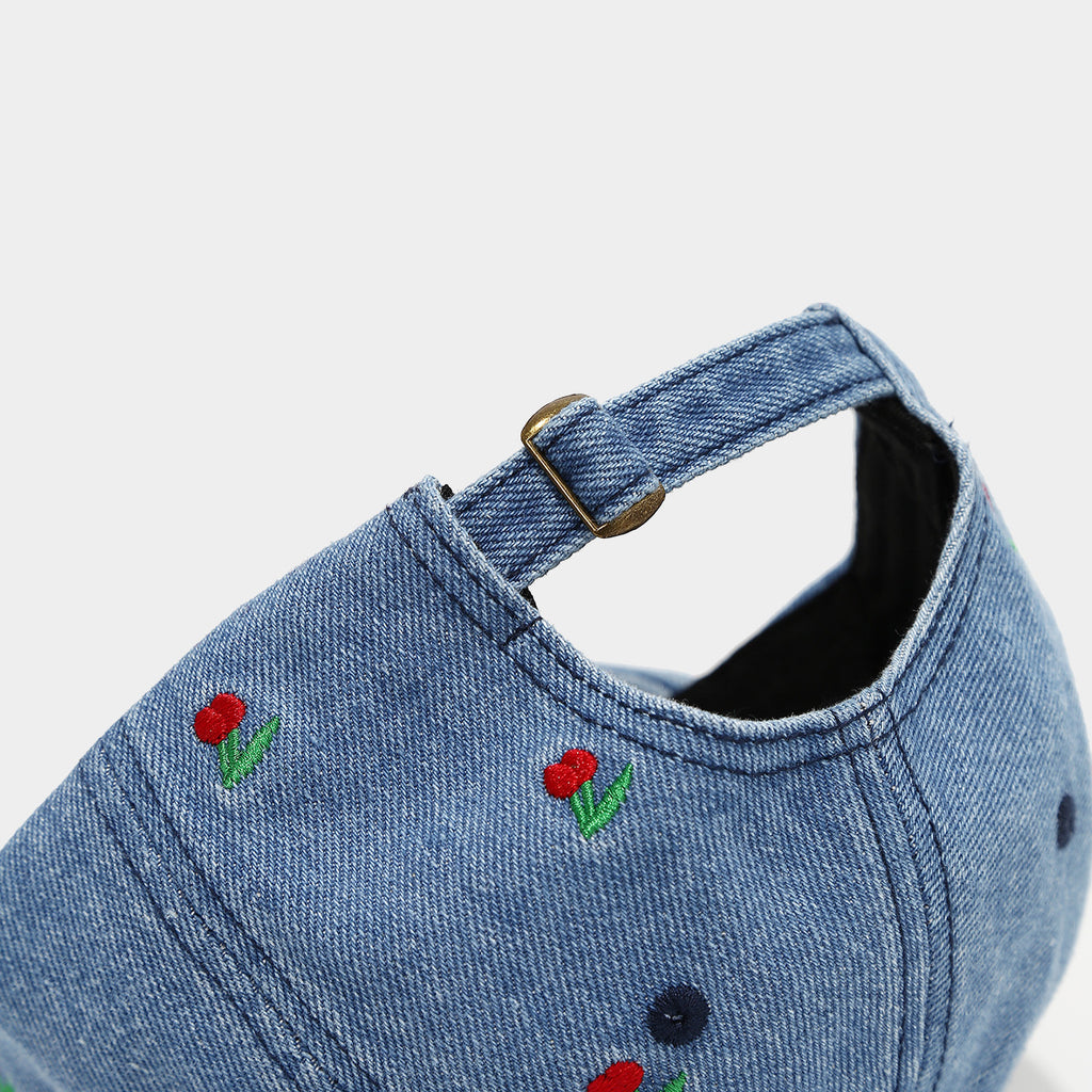 Washed Denim Cap with Cherry Embroidery - view 1