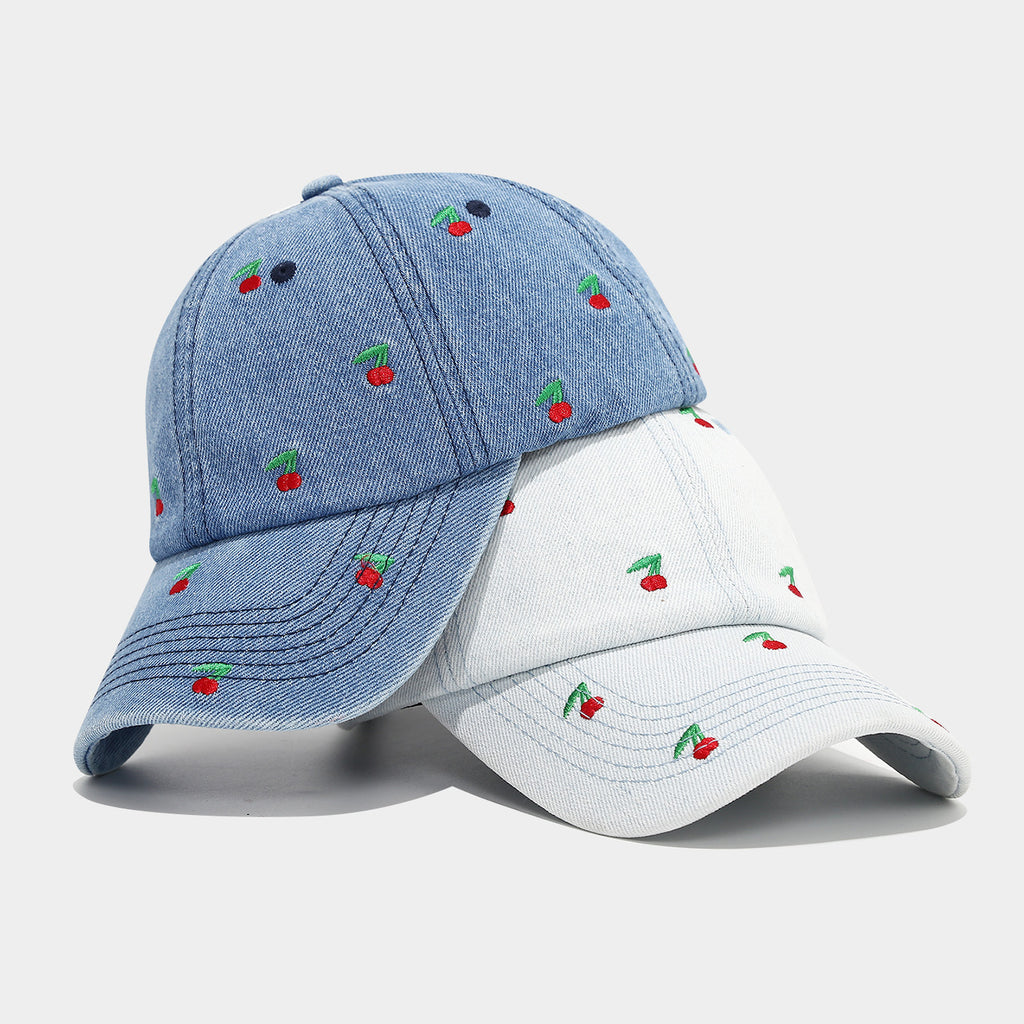 Washed Denim Cap with Cherry Embroidery - view 2